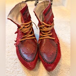 Freebird Red Suede Moccasin Boots with Fringe 9